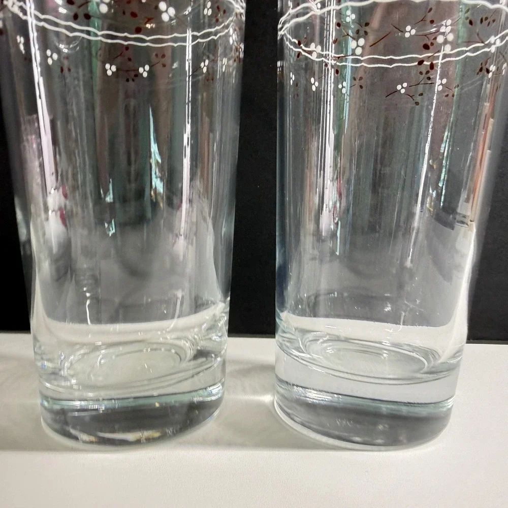 2 Vintage Floral Berry Highball Juice Glasses Set Clear Botanical Tumblers 6.25